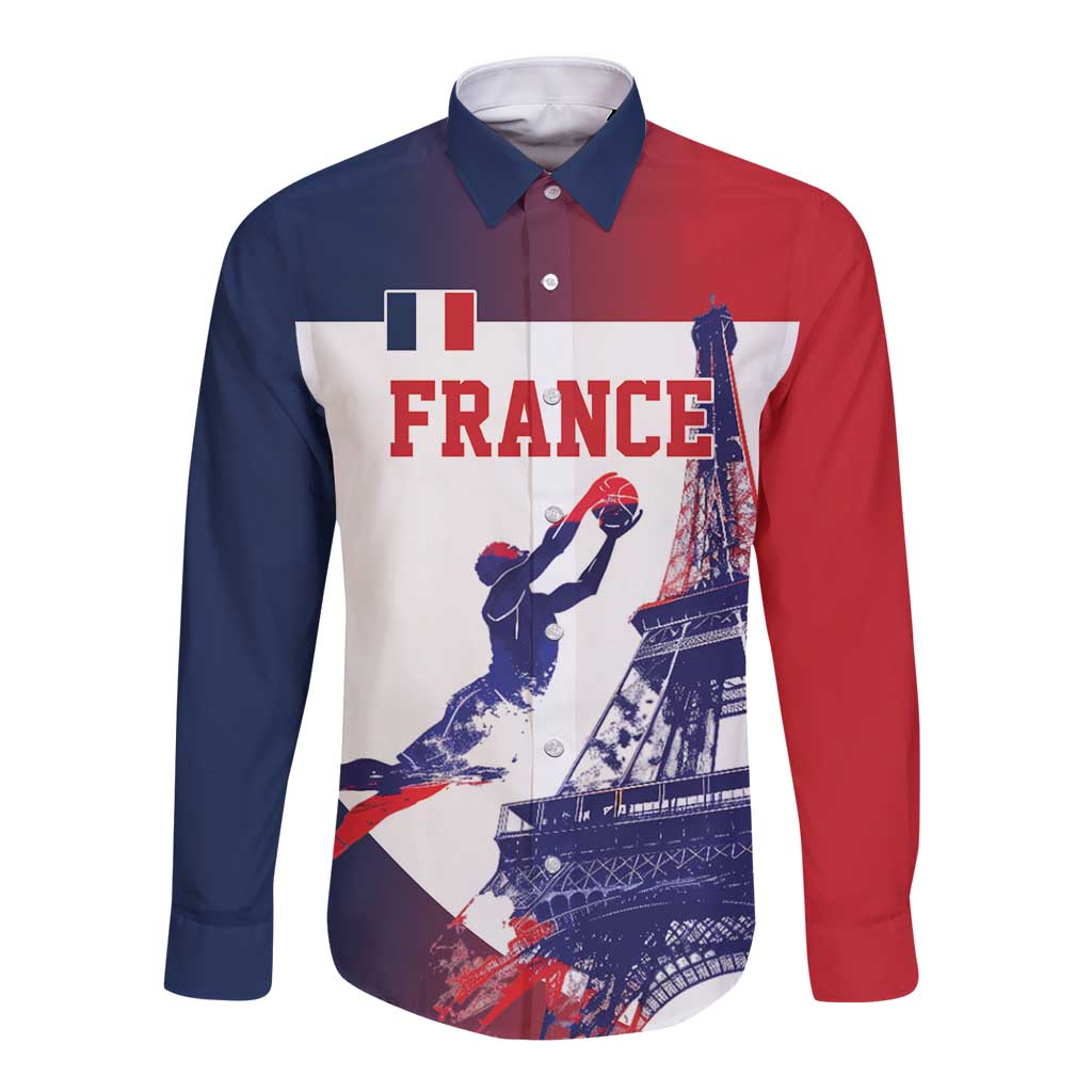 Custom France Basketball Long Sleeve Button Shirt Eiffel Tower Sporty Style