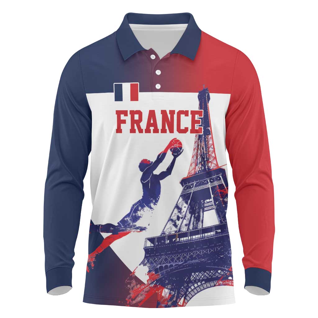 Custom France Basketball Long Sleeve Polo Shirt Eiffel Tower Sporty Style