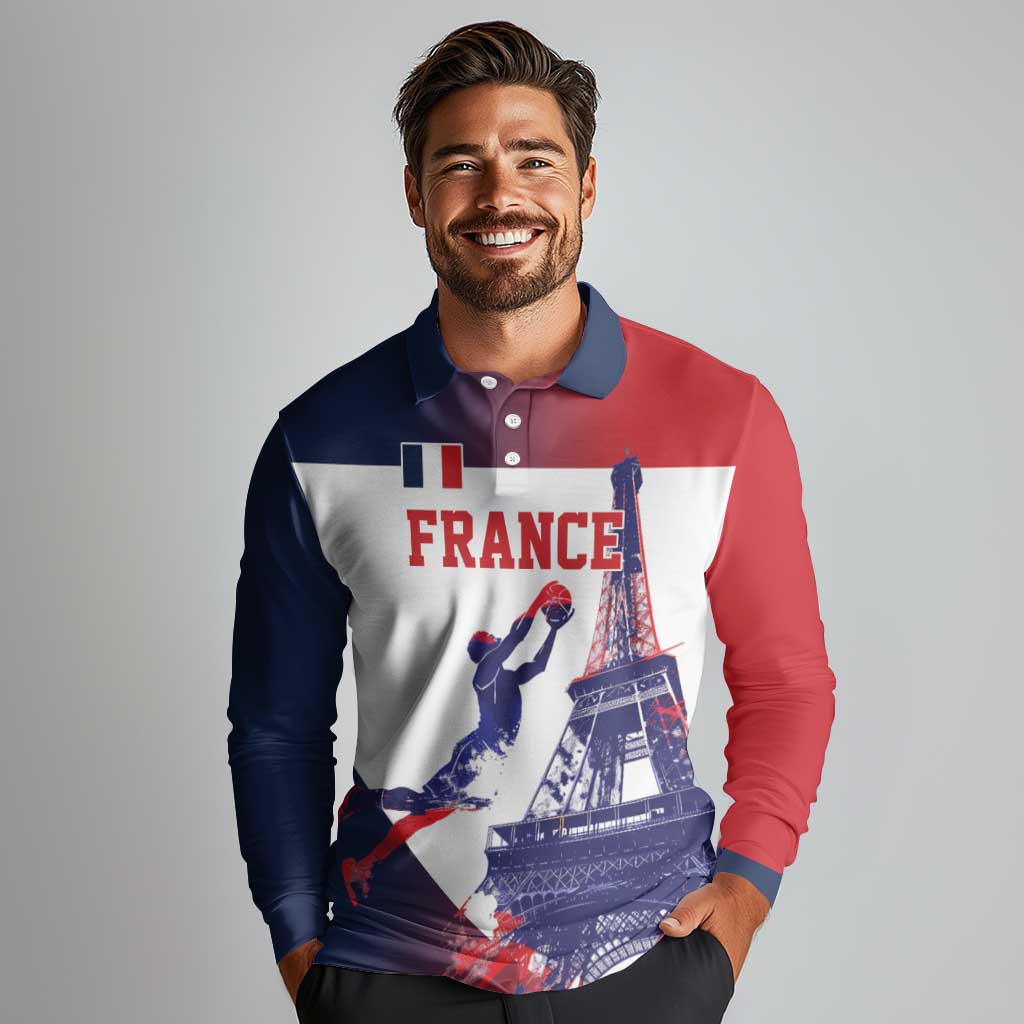 Custom France Basketball Long Sleeve Polo Shirt Eiffel Tower Sporty Style