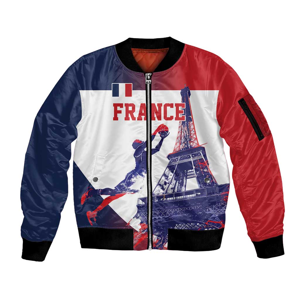 Custom France Basketball Sleeve Zip Bomber Jacket Eiffel Tower Sporty Style