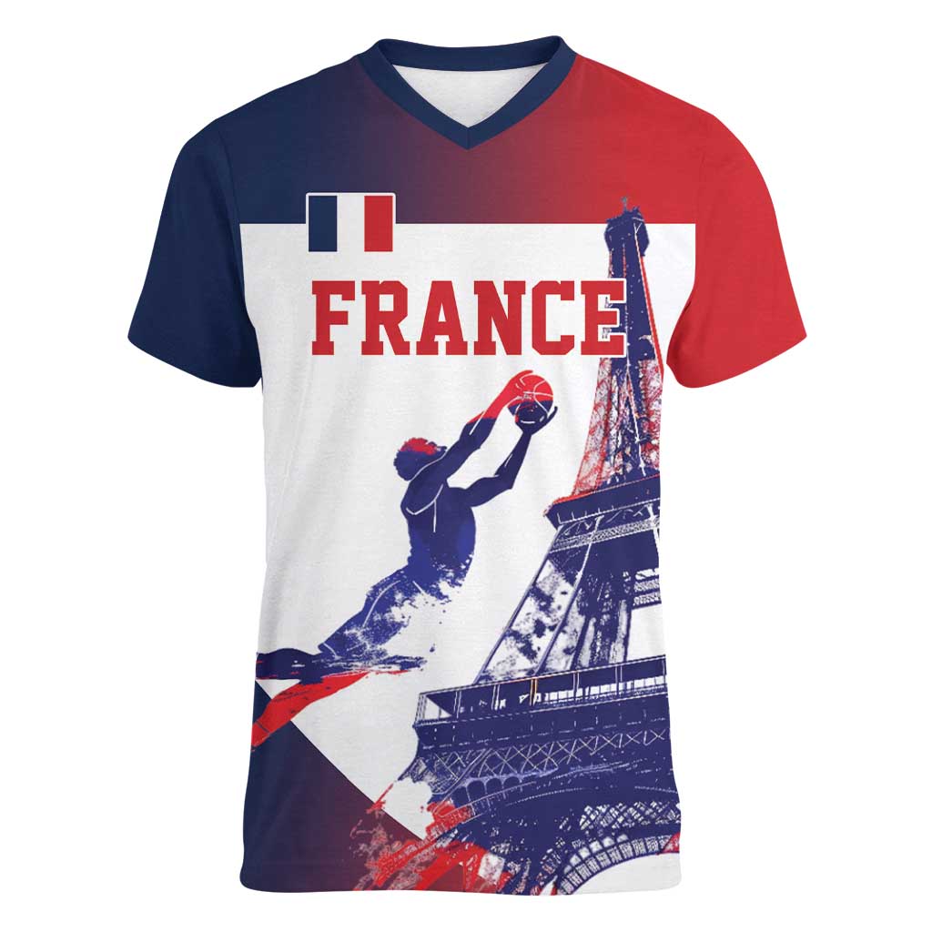 Custom France Basketball Women V-Neck T-Shirt Eiffel Tower Sporty Style