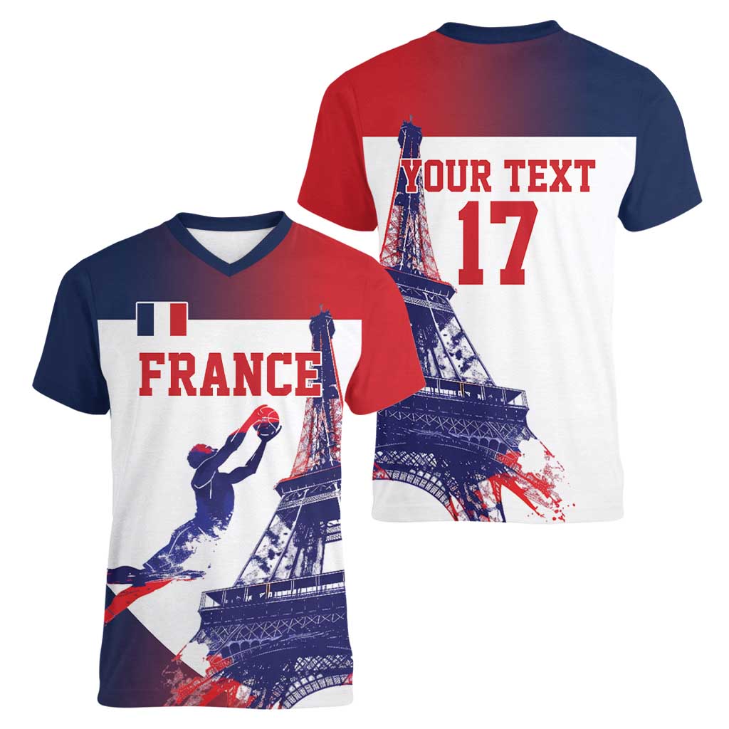 Custom France Basketball Women V-Neck T-Shirt Eiffel Tower Sporty Style