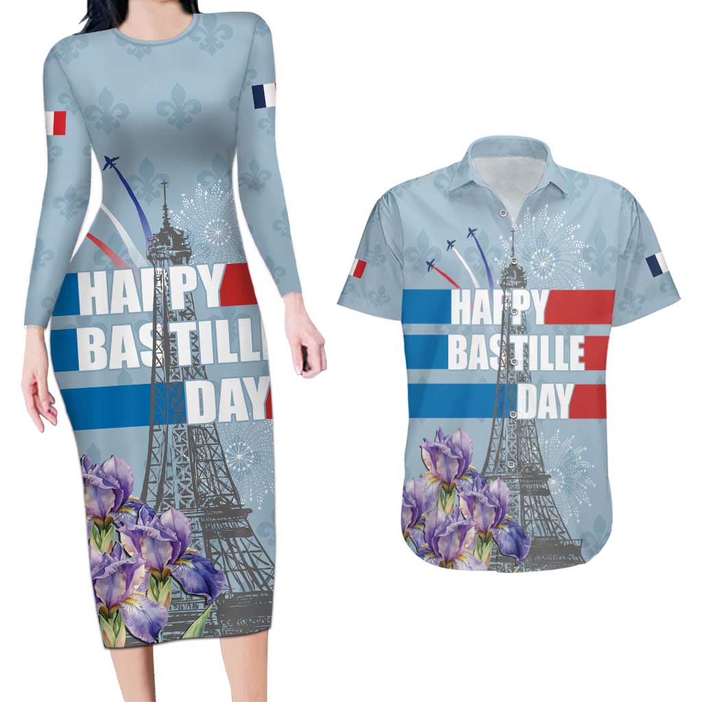 Personalized Fance Le 14 Juillet Couples Matching Long Sleeve Bodycon Dress and Hawaiian Shirt Eiffel Tower with Iris Flower