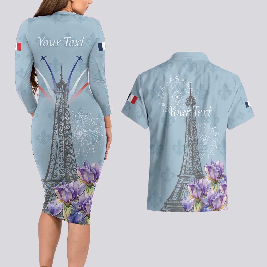Personalized Fance Le 14 Juillet Couples Matching Long Sleeve Bodycon Dress and Hawaiian Shirt Eiffel Tower with Iris Flower