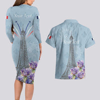 Personalized Fance Le 14 Juillet Couples Matching Long Sleeve Bodycon Dress and Hawaiian Shirt Eiffel Tower with Iris Flower