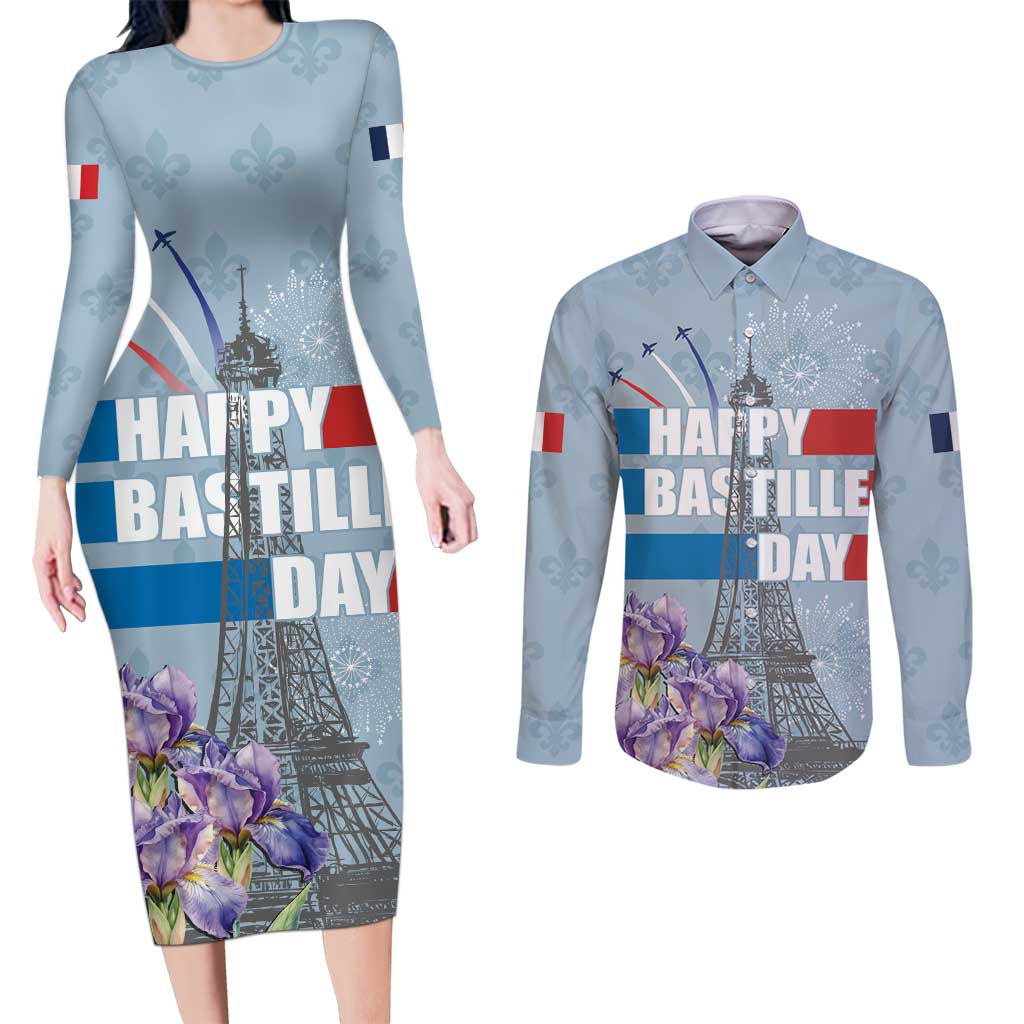 Personalized Fance Le 14 Juillet Couples Matching Long Sleeve Bodycon Dress and Long Sleeve Button Shirt Eiffel Tower with Iris Flower