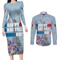 Personalized Fance Le 14 Juillet Couples Matching Long Sleeve Bodycon Dress and Long Sleeve Button Shirt Eiffel Tower with Iris Flower