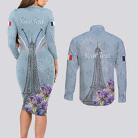 Personalized Fance Le 14 Juillet Couples Matching Long Sleeve Bodycon Dress and Long Sleeve Button Shirt Eiffel Tower with Iris Flower