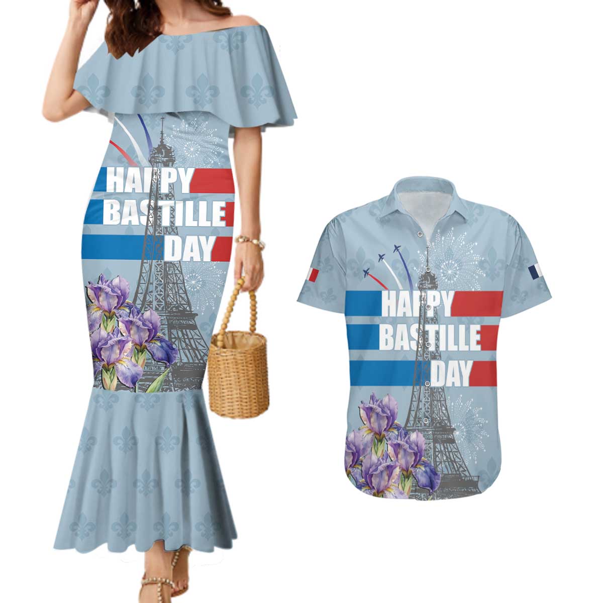 Personalized Fance Le 14 Juillet Couples Matching Mermaid Dress and Hawaiian Shirt Eiffel Tower with Iris Flower