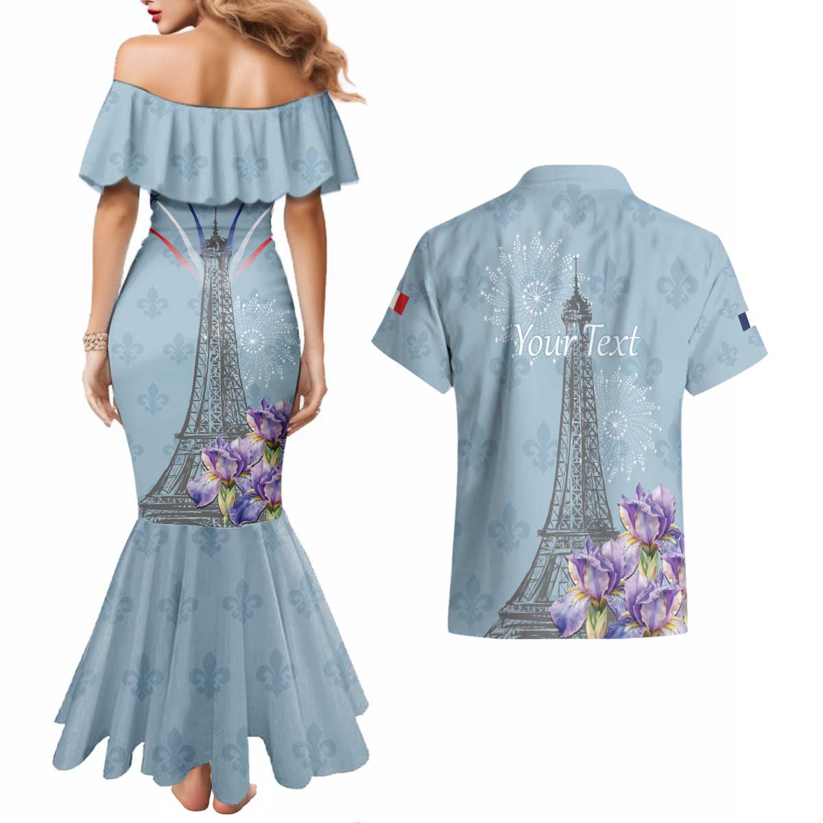 Personalized Fance Le 14 Juillet Couples Matching Mermaid Dress and Hawaiian Shirt Eiffel Tower with Iris Flower