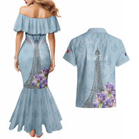 Personalized Fance Le 14 Juillet Couples Matching Mermaid Dress and Hawaiian Shirt Eiffel Tower with Iris Flower