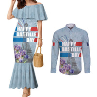 Personalized Fance Le 14 Juillet Couples Matching Mermaid Dress and Long Sleeve Button Shirt Eiffel Tower with Iris Flower