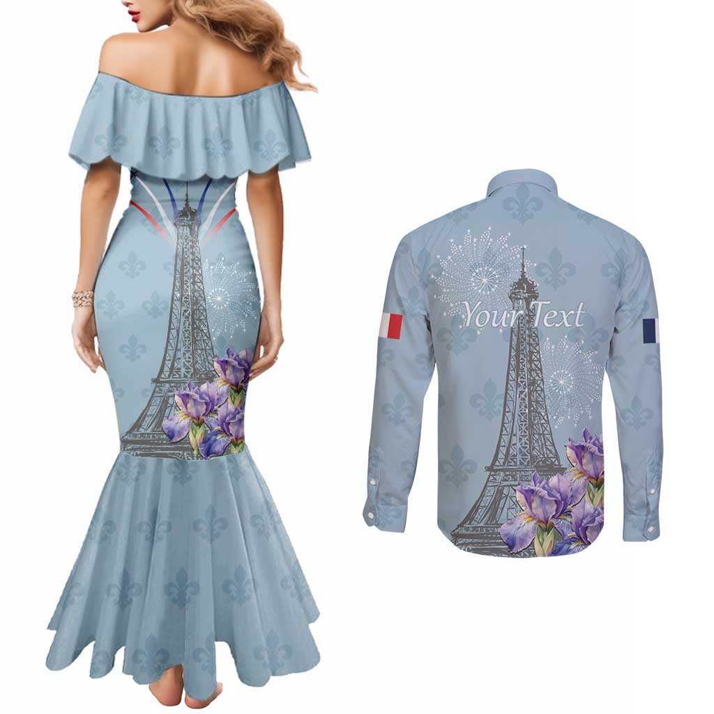 Personalized Fance Le 14 Juillet Couples Matching Mermaid Dress and Long Sleeve Button Shirt Eiffel Tower with Iris Flower