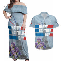 Personalized Fance Le 14 Juillet Couples Matching Off Shoulder Maxi Dress and Hawaiian Shirt Eiffel Tower with Iris Flower