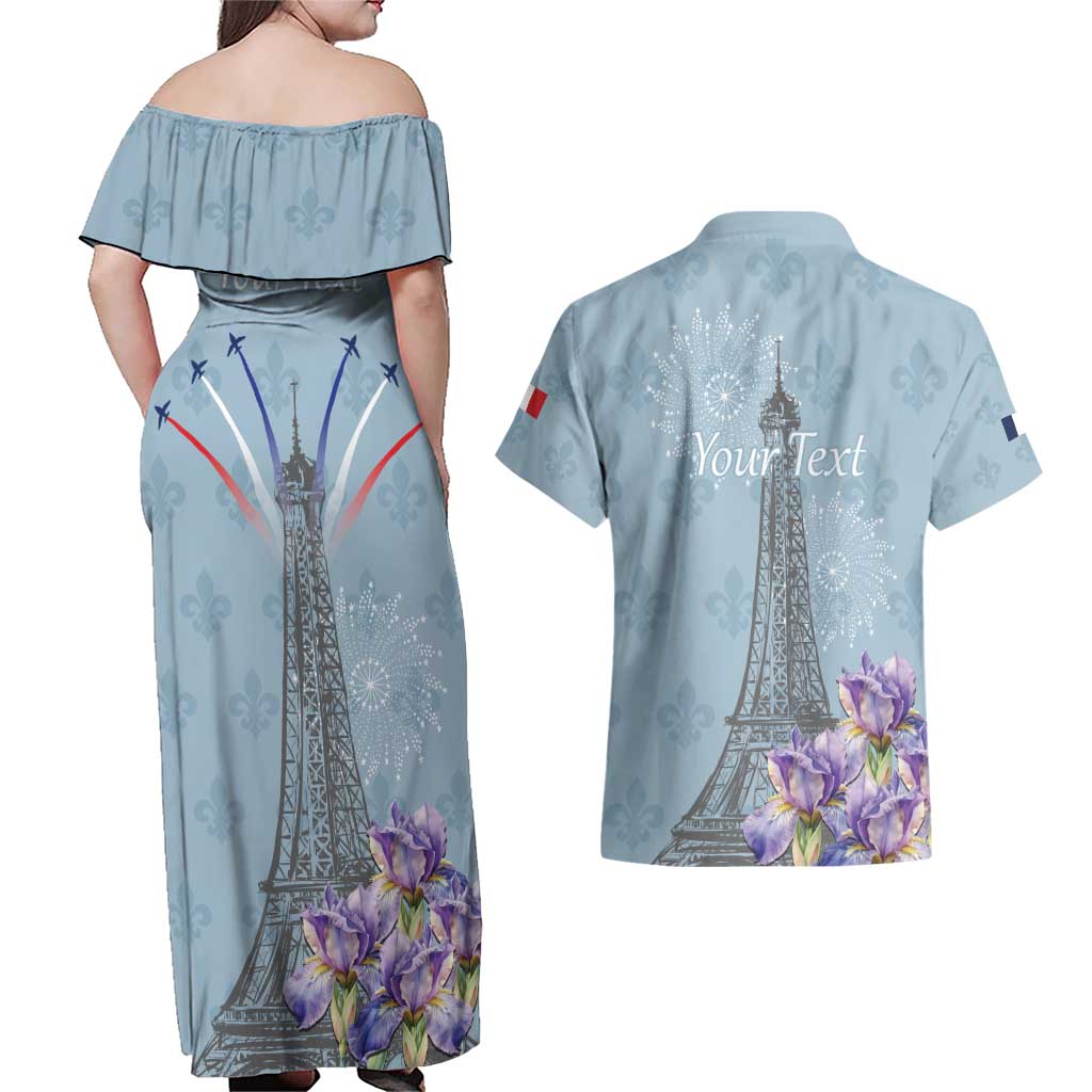 Personalized Fance Le 14 Juillet Couples Matching Off Shoulder Maxi Dress and Hawaiian Shirt Eiffel Tower with Iris Flower