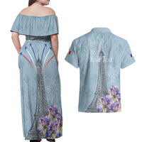 Personalized Fance Le 14 Juillet Couples Matching Off Shoulder Maxi Dress and Hawaiian Shirt Eiffel Tower with Iris Flower