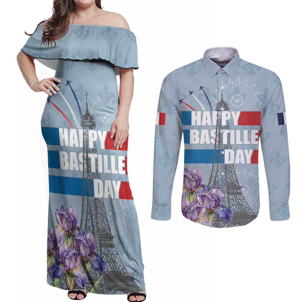 Personalized Fance Le 14 Juillet Couples Matching Off Shoulder Maxi Dress and Long Sleeve Button Shirt Eiffel Tower with Iris Flower