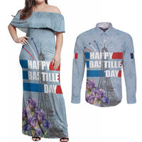 Personalized Fance Le 14 Juillet Couples Matching Off Shoulder Maxi Dress and Long Sleeve Button Shirt Eiffel Tower with Iris Flower