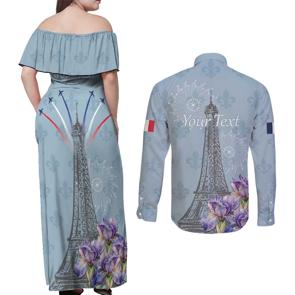 Personalized Fance Le 14 Juillet Couples Matching Off Shoulder Maxi Dress and Long Sleeve Button Shirt Eiffel Tower with Iris Flower