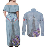 Personalized Fance Le 14 Juillet Couples Matching Off Shoulder Maxi Dress and Long Sleeve Button Shirt Eiffel Tower with Iris Flower