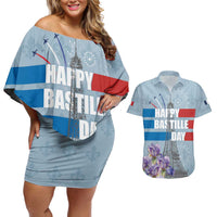 Personalized Fance Le 14 Juillet Couples Matching Off Shoulder Short Dress and Hawaiian Shirt Eiffel Tower with Iris Flower