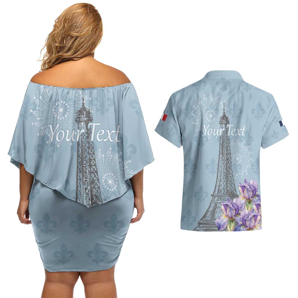 Personalized Fance Le 14 Juillet Couples Matching Off Shoulder Short Dress and Hawaiian Shirt Eiffel Tower with Iris Flower