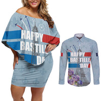 Personalized Fance Le 14 Juillet Couples Matching Off Shoulder Short Dress and Long Sleeve Button Shirt Eiffel Tower with Iris Flower
