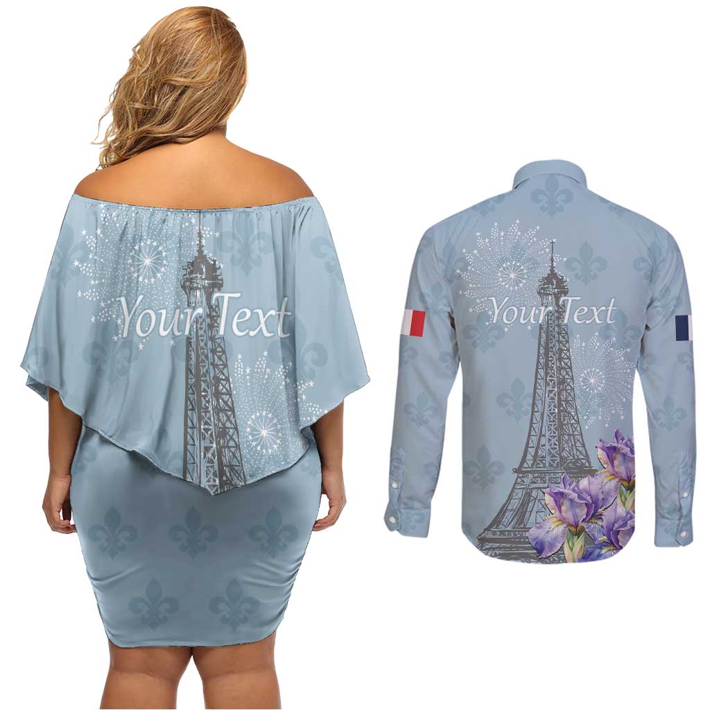 Personalized Fance Le 14 Juillet Couples Matching Off Shoulder Short Dress and Long Sleeve Button Shirt Eiffel Tower with Iris Flower