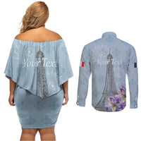 Personalized Fance Le 14 Juillet Couples Matching Off Shoulder Short Dress and Long Sleeve Button Shirt Eiffel Tower with Iris Flower