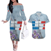 Personalized Fance Le 14 Juillet Couples Matching Off The Shoulder Long Sleeve Dress and Hawaiian Shirt Eiffel Tower with Iris Flower