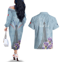 Personalized Fance Le 14 Juillet Couples Matching Off The Shoulder Long Sleeve Dress and Hawaiian Shirt Eiffel Tower with Iris Flower