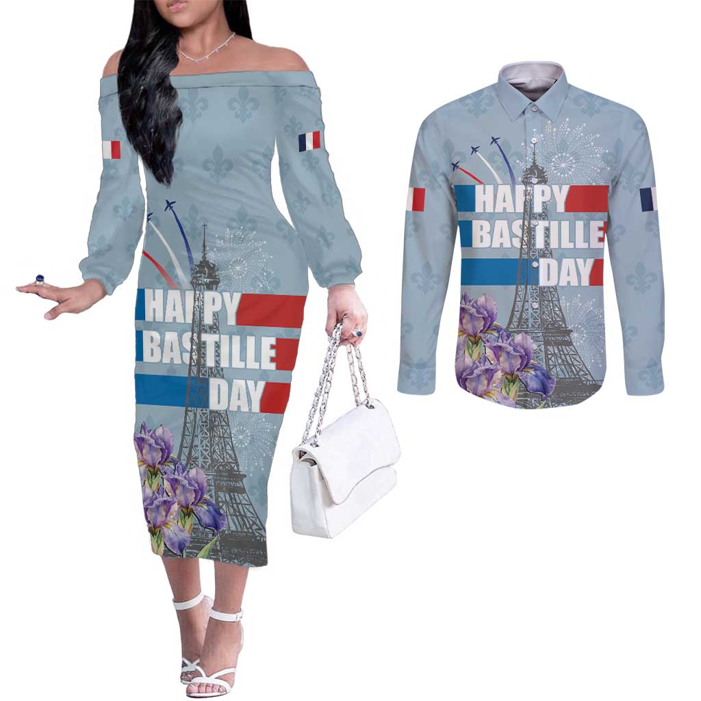 Personalized Fance Le 14 Juillet Couples Matching Off The Shoulder Long Sleeve Dress and Long Sleeve Button Shirt Eiffel Tower with Iris Flower