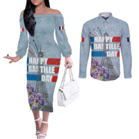 Personalized Fance Le 14 Juillet Couples Matching Off The Shoulder Long Sleeve Dress and Long Sleeve Button Shirt Eiffel Tower with Iris Flower