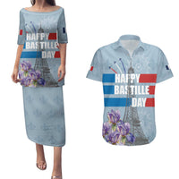 Personalized Fance Le 14 Juillet Couples Matching Puletasi and Hawaiian Shirt Eiffel Tower with Iris Flower