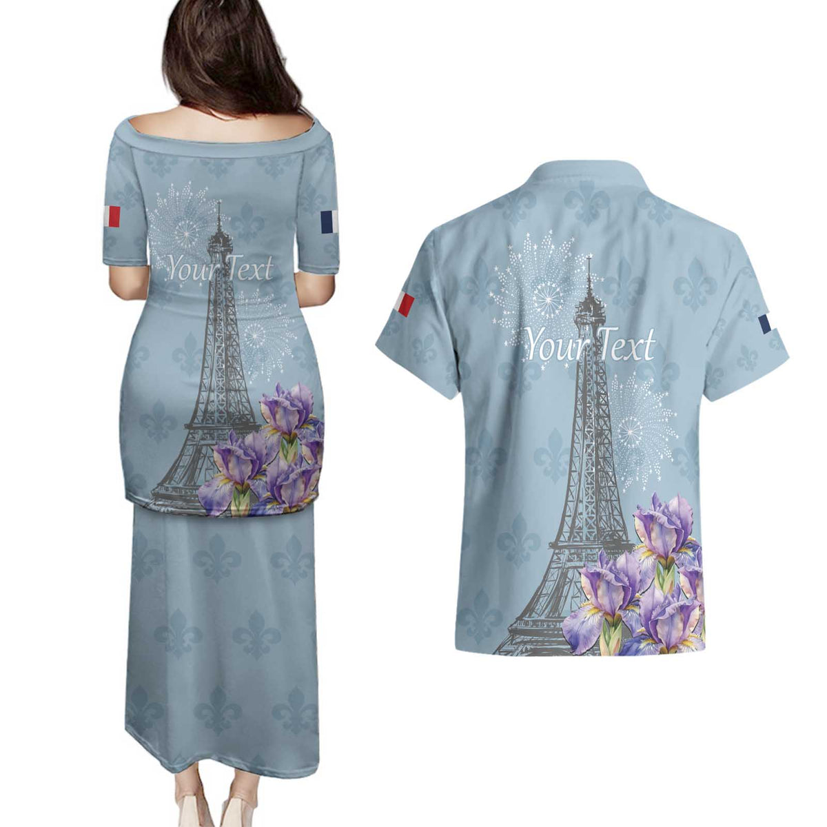 Personalized Fance Le 14 Juillet Couples Matching Puletasi and Hawaiian Shirt Eiffel Tower with Iris Flower