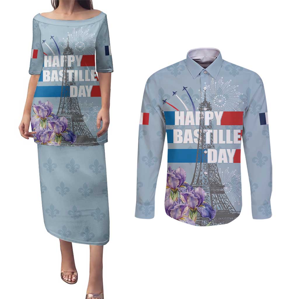 Personalized Fance Le 14 Juillet Couples Matching Puletasi and Long Sleeve Button Shirt Eiffel Tower with Iris Flower