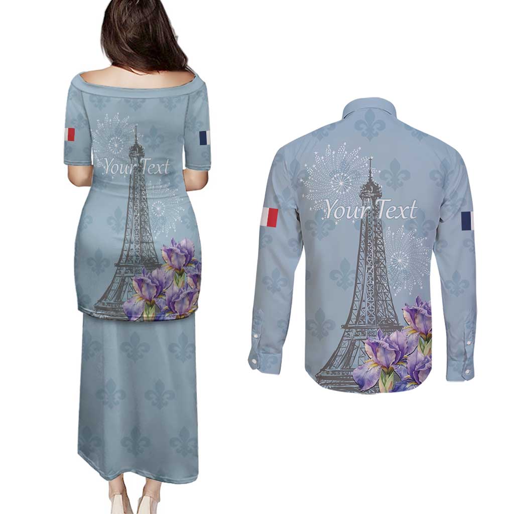 Personalized Fance Le 14 Juillet Couples Matching Puletasi and Long Sleeve Button Shirt Eiffel Tower with Iris Flower