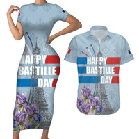 Personalized Fance Le 14 Juillet Couples Matching Short Sleeve Bodycon Dress and Hawaiian Shirt Eiffel Tower with Iris Flower