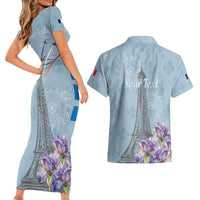 Personalized Fance Le 14 Juillet Couples Matching Short Sleeve Bodycon Dress and Hawaiian Shirt Eiffel Tower with Iris Flower
