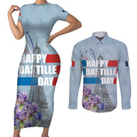 Personalized Fance Le 14 Juillet Couples Matching Short Sleeve Bodycon Dress and Long Sleeve Button Shirt Eiffel Tower with Iris Flower