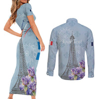 Personalized Fance Le 14 Juillet Couples Matching Short Sleeve Bodycon Dress and Long Sleeve Button Shirt Eiffel Tower with Iris Flower