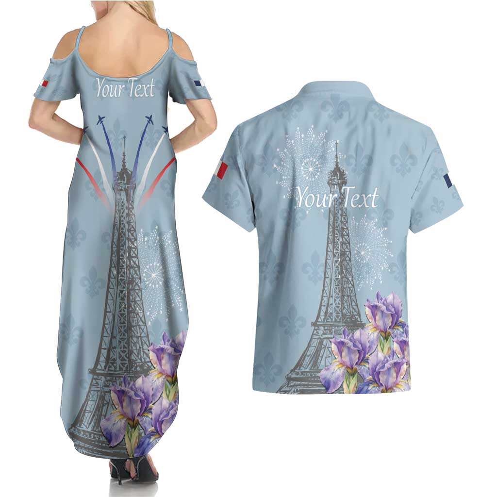 Personalized Fance Le 14 Juillet Couples Matching Summer Maxi Dress and Hawaiian Shirt Eiffel Tower with Iris Flower
