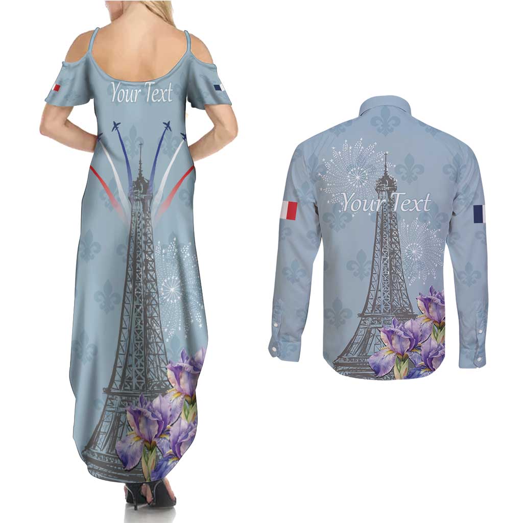 Personalized Fance Le 14 Juillet Couples Matching Summer Maxi Dress and Long Sleeve Button Shirt Eiffel Tower with Iris Flower
