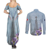 Personalized Fance Le 14 Juillet Couples Matching Summer Maxi Dress and Long Sleeve Button Shirt Eiffel Tower with Iris Flower
