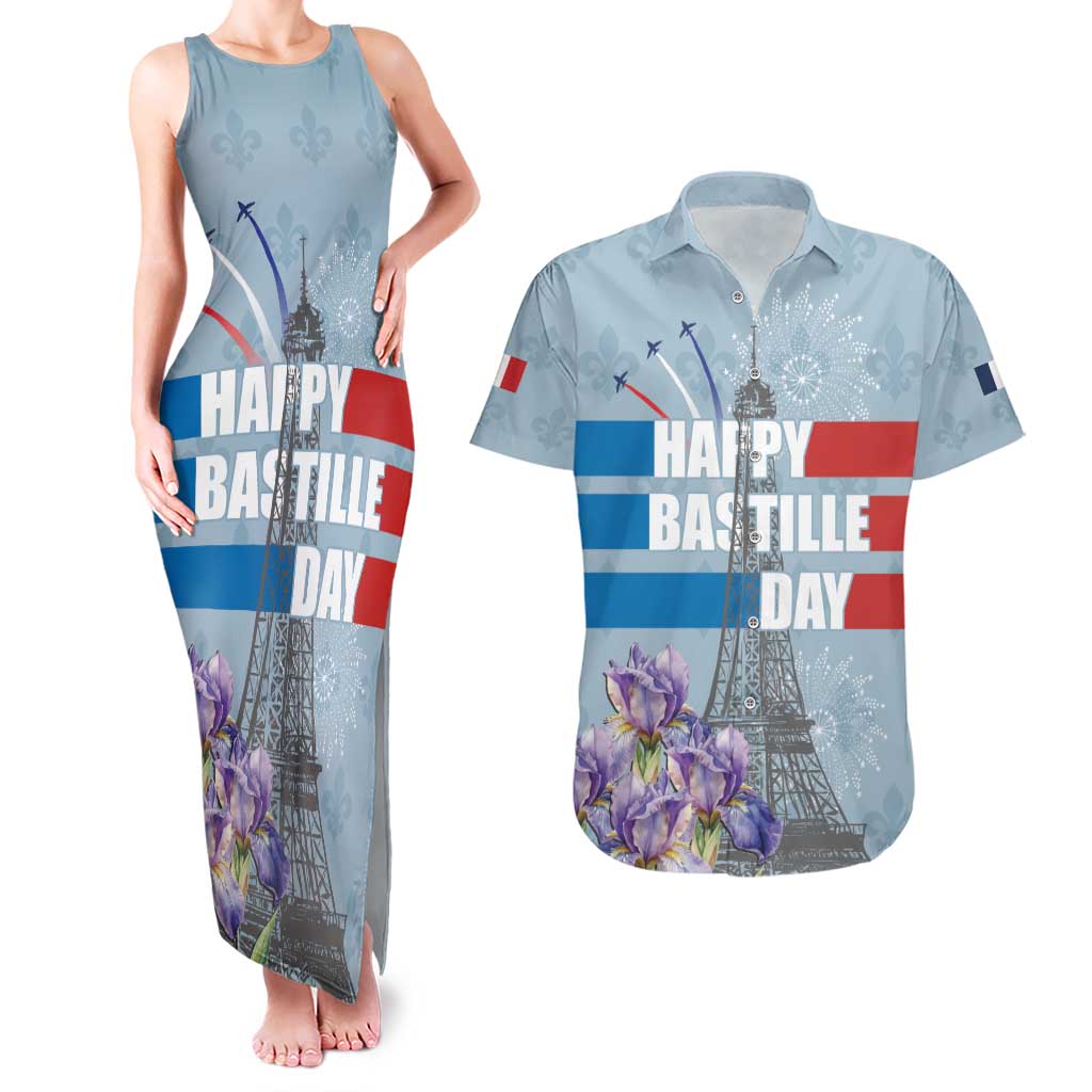 Personalized Fance Le 14 Juillet Couples Matching Tank Maxi Dress and Hawaiian Shirt Eiffel Tower with Iris Flower