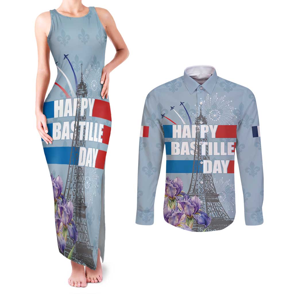 Personalized Fance Le 14 Juillet Couples Matching Tank Maxi Dress and Long Sleeve Button Shirt Eiffel Tower with Iris Flower