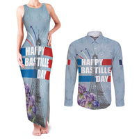 Personalized Fance Le 14 Juillet Couples Matching Tank Maxi Dress and Long Sleeve Button Shirt Eiffel Tower with Iris Flower