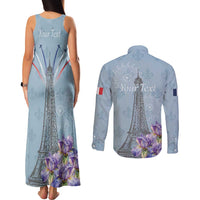 Personalized Fance Le 14 Juillet Couples Matching Tank Maxi Dress and Long Sleeve Button Shirt Eiffel Tower with Iris Flower