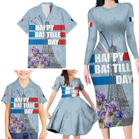 Personalized Fance Le 14 Juillet Family Matching Long Sleeve Bodycon Dress and Hawaiian Shirt Eiffel Tower with Iris Flower