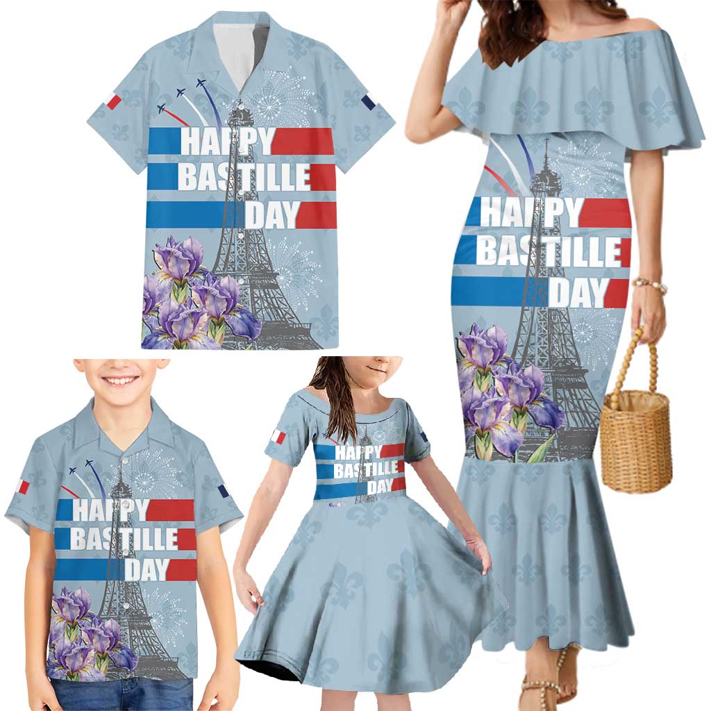 Personalized Fance Le 14 Juillet Family Matching Mermaid Dress and Hawaiian Shirt Eiffel Tower with Iris Flower